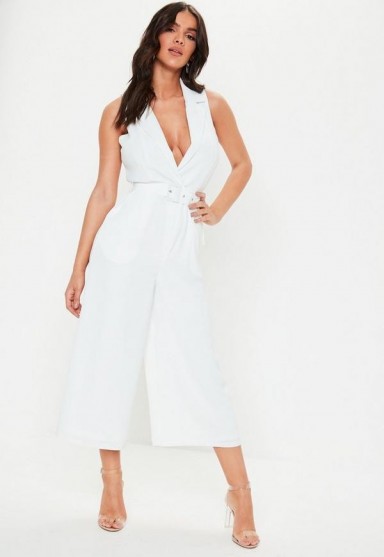 Missguided white sleeveless culotte blazer jumpsuit | plunge front | cropped leg