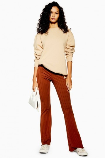 Topshop Wide Ribbed Flares in Brown | jersey flared pants