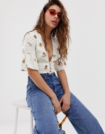 Wild Honey tea blouse with plunge front in floral in white | plunging crop top - flipped
