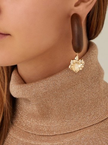 VANDA JACINTHO Wooden ring flower drop earrings ~ brown wood statement jewellery - flipped