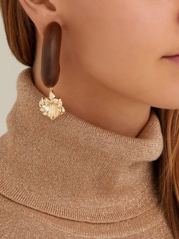 VANDA JACINTHO Wooden ring flower drop earrings ~ brown wood statement jewellery