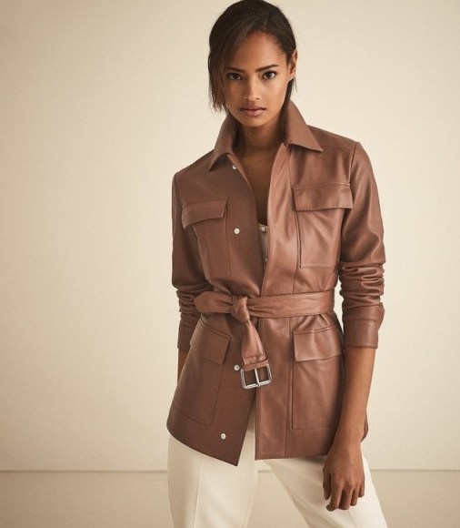REISS WYNEE LEATHER BELTED JACKET TAN ~ luxe brown jackets ~ beautiful outerwear - flipped