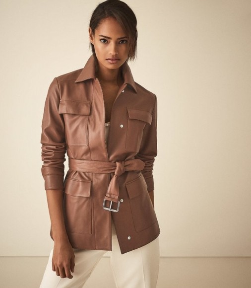 REISS WYNEE LEATHER BELTED JACKET TAN ~ luxe brown jackets ~ beautiful outerwear