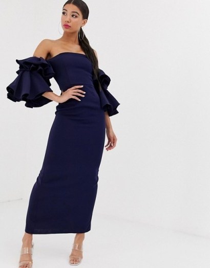 Yaura bardot exaggerated frill sleeve maxi dress in navy – off the shoulder party wear - flipped