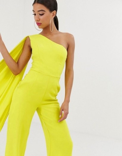 Yaura one shoulder wide leg jumpsuit with train detail in lime – statement party fashion - flipped