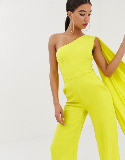 Yaura one shoulder wide leg jumpsuit with train detail in lime – statement party fashion