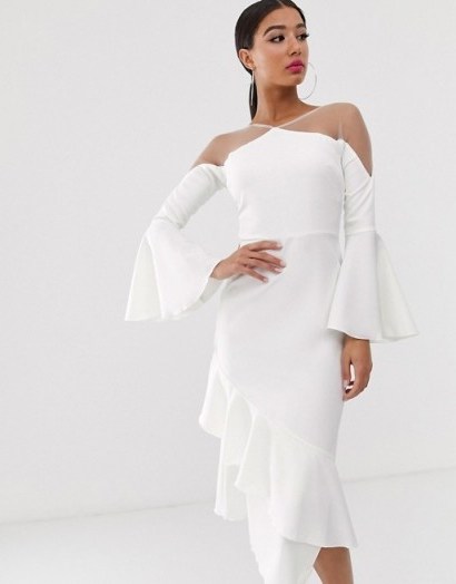 Yaura sheer insert ruffle frill hem midi dress in white – frill trimmed party dresses - flipped