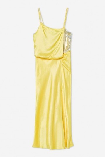 Topshop Yellow Embroidered Panel Satin Slip Dress | side slit cami frock - flipped
