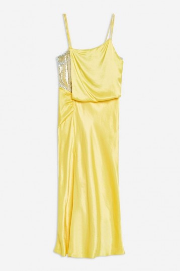 Topshop Yellow Embroidered Panel Satin Slip Dress | side slit cami frock
