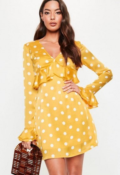Missguided yellow polka dot plunge frill tea dress - flipped