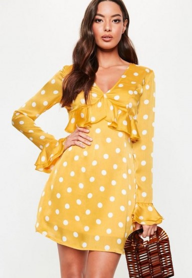 Missguided yellow polka dot plunge frill tea dress