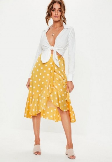 Missguided yellow polka dot wrap midi skirt