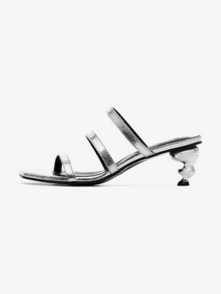 Yuul Yie Silver Gem 60 Leather Sandals / metallic three strap mules / low sculptured heels - flipped