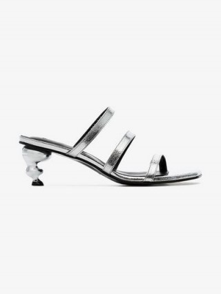 Yuul Yie Silver Gem 60 Leather Sandals / metallic three strap mules / low sculptured heels