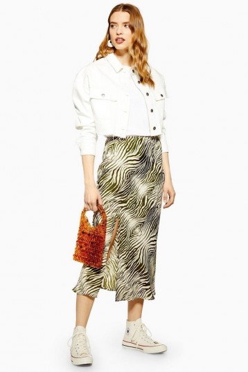 TOPSHOP Zebra Print Satin Bias Midi Skirt in Khaki / split skirts