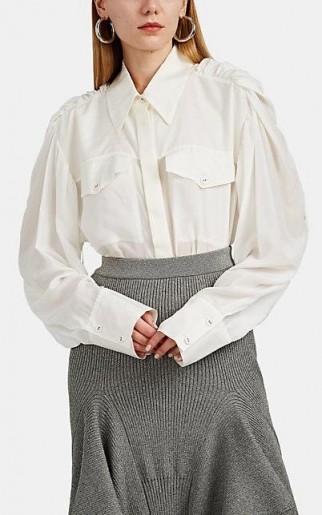 AKIRA NAKA Drawstring Silk Crepe Blouse in White ~ ruched shoulder shirt