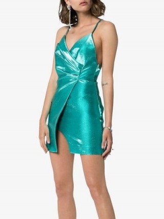 Area Spaghetti Strap Wrap Effect Mini Dress in blue | metallic party dresses