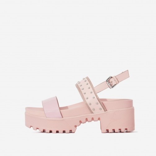 EGO Ariel Patent Studded Detail Chunky Sole Sandal In Pink Faux Leather ~ summer sandals - flipped
