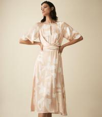 REISS ARLO HALF SLEEVE PRINTED MIDI DRESS PINK ~ draped front dresses