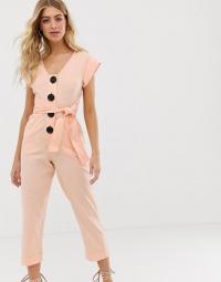 ASOS DESIGN button front tie waist jumpsuit in peach | crop leg summer jumpsuits