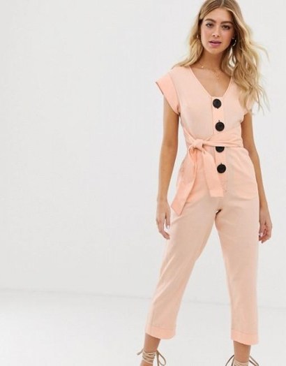 ASOS DESIGN button front tie waist jumpsuit in peach | crop leg summer jumpsuits - flipped