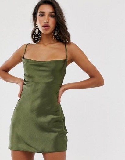 ASOS DESIGN cami mini slip dress in high shine satin with strappy back in khaki | green skinny strap dresses - flipped