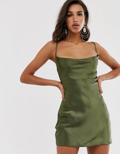 ASOS DESIGN cami mini slip dress in high shine satin with strappy back in khaki | green skinny strap dresses