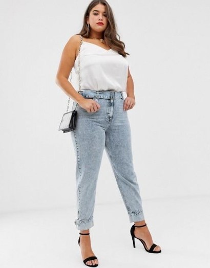 ASOS DESIGN Curve Ritson rigid high waisted mom jeans in light vintage wash with belted waist and cuff hem detail - flipped