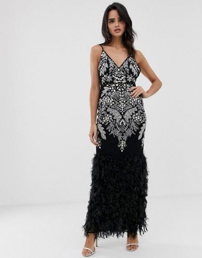 ASOS DESIGN embellished faux feather hem maxi dress in black - flipped