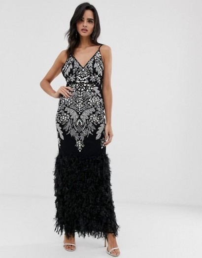 ASOS DESIGN embellished faux feather hem maxi dress in black