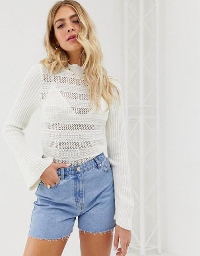 ASOS DESIGN flared sleeve stitch detail jumper in white | frill neck sweater - flipped