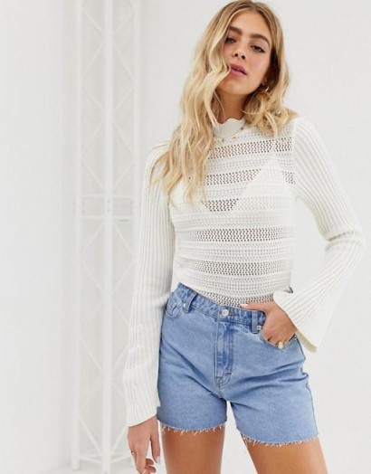 ASOS DESIGN flared sleeve stitch detail jumper in white | frill neck sweater