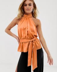 ASOS DESIGN halter top with tie detail in satin in tan | evening halterneck tops | going out glamour