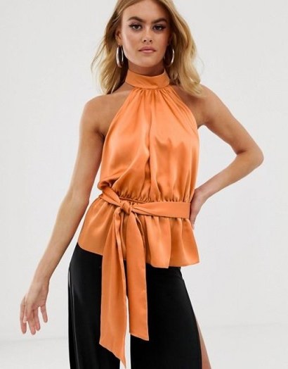 ASOS DESIGN halter top with tie detail in satin in tan | evening halterneck tops | going out glamour - flipped