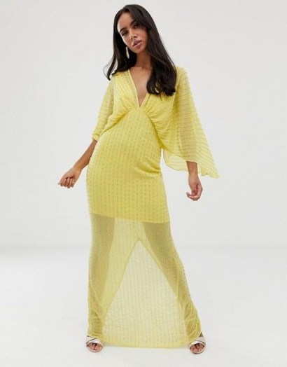 ASOS DESIGN kimono maxi dress in linear sequin in lemon yellow | beaded deep V-neck dresses | oriental inspired - flipped