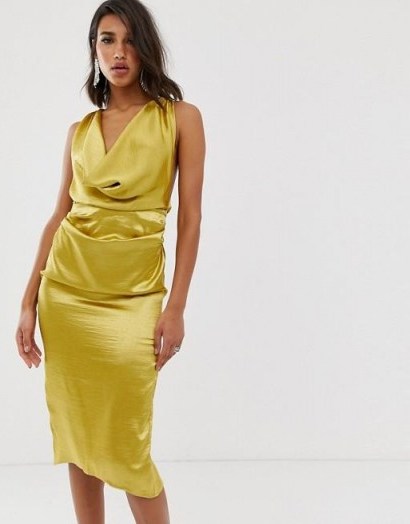 ASOS DESIGN midi dress with drape cowl neck in high shine satin in chartreuse - flipped