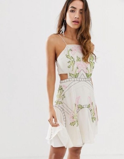 ASOS DESIGN mini dress in floral sequin with flippy skirt in cream – strappy party dresses - flipped