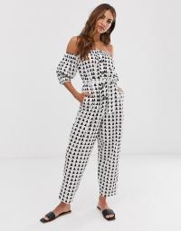 ASOS DESIGN off shoulder button front jumpsuit with tie waist in triangle print in mono | monochrome bardot jumpsuits