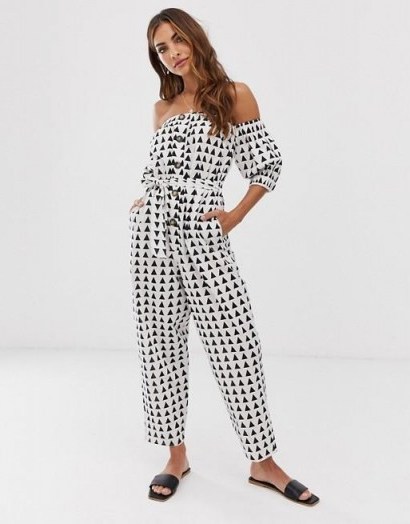 ASOS DESIGN off shoulder button front jumpsuit with tie waist in triangle print in mono | monochrome bardot jumpsuits - flipped