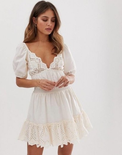 ASOS DESIGN sweetheart broderie mini dress with elasticated waist in cream | feminine deep V-neck frock - flipped