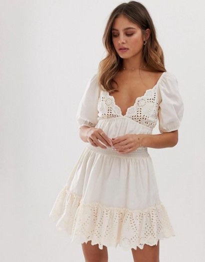ASOS DESIGN sweetheart broderie mini dress with elasticated waist in cream | feminine deep V-neck frock