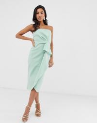 ASOS DESIGN Tuck detail bandeau midi dress in mint | strapless side draped party frock