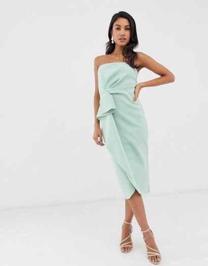 ASOS DESIGN Tuck detail bandeau midi dress in mint | strapless side draped party frock - flipped
