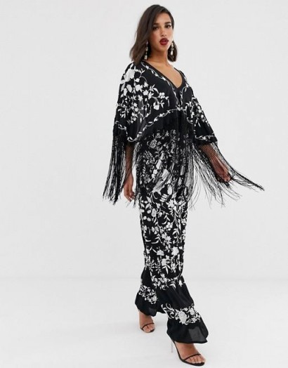 ASOS EDITION embroidered jumpsuit with fringe in black | boho glamour
