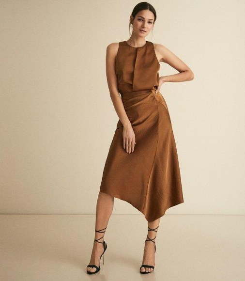 REISS ASPEN SATIN SLIP SKIRT CINNAMON ~ luxe brown asymmetric skirts - flipped