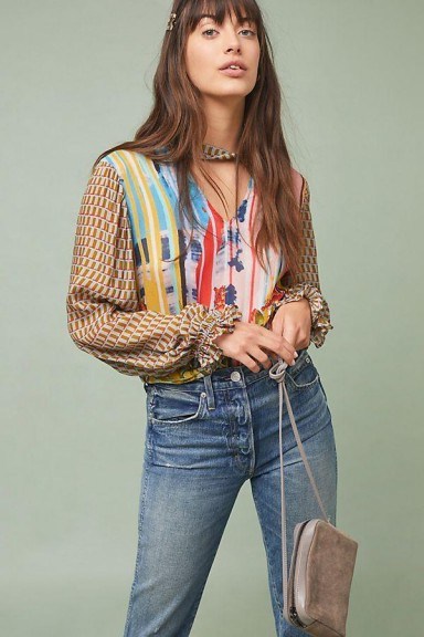 Conditions Apply Retro Peasant Blouse. MIXED PRINT CHOKER NECK BLOUSES - flipped