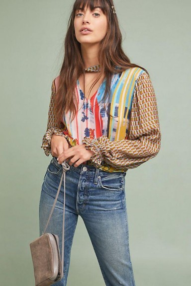 Conditions Apply Retro Peasant Blouse. MIXED PRINT CHOKER NECK BLOUSES