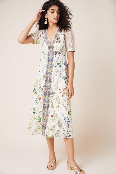 Geisha Designs Embroidered Floral Midi Dress in Neutral Motif / feminine style summer dresses - flipped
