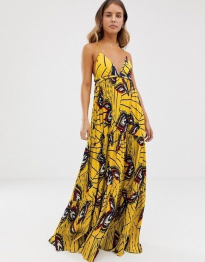 BA&SH plisse maxi dress with open back Yellow Multi | thin strap deep V-neck dresses - flipped