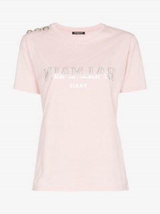 Balmain Logo Print Button-Embellished Cotton T-Shirt in pink / girly designer tee - flipped